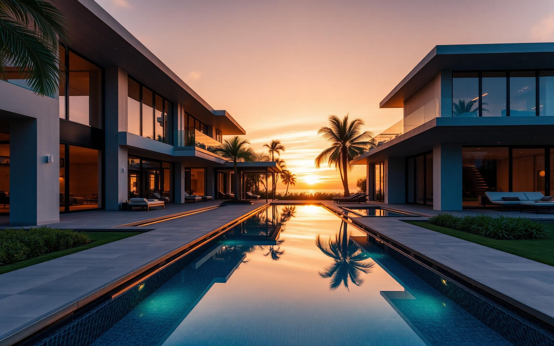 Luxury real estate villa at golden hour with infinity pool